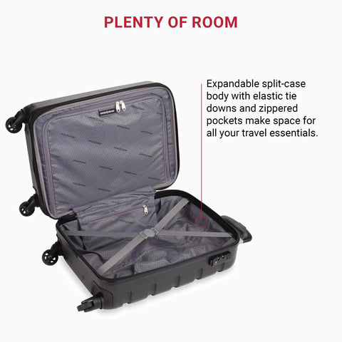 Open view of SwissGear Expandable Carry On Luggage With Spinner Wheels For No Fuss Travel Easy 19 Inch Cabin Size Hardside Black Suitcase