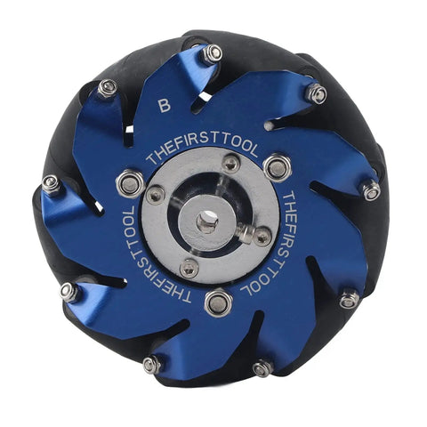 Front view of Left Mecanum Wheel for Bots, 4-Inch Aluminum Wheel with TPU Rubber Rollers, featuring high-friction polyurethane build.