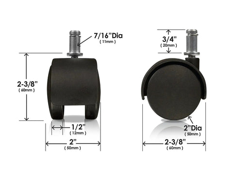 2 Inch Office Chair Wheels Replacement Set Of 5 Casters With Universal 7 Sixteenth Inch By 7 Eighth Inch Stem, Black Plastic