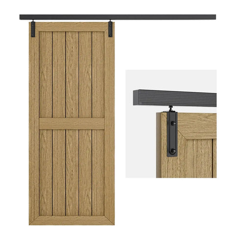 Wooden barn door on steel sliding track, showcased with close-up of black ceiling mount bracket. Ceiling Mount Box Rail Barn Door Hardware Kit Heavy Duty Steel Sliding Track For Interior And Exterior Doors Black Powder Coated Anti Corrosion Finish Easy Install System With Nylon Hangers And Durable Rail.