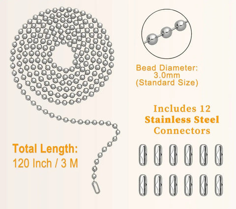 120 Inch Ceiling Fan Pull Chain Extender With Stainless Steel Ball Chain 12 Connectors, adjustable cut to size, 3mm bead diameter.