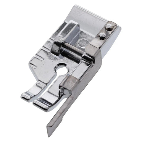 Front view of a 1/4 inch snap-on presser foot with guide for low-shank sewing machines