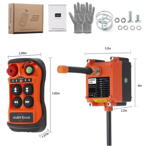 4 Channel Wireless Crane Remote Control Kit 12V 24V With EU Emergency Stop, orange controller and receiver with accessories.