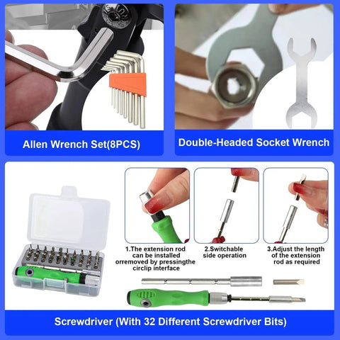135 Piece 3D Printer Tools And Accessories Kit With Tool Box Includes Nozzle Cleaning Kit Electric Polishing Deburring Sanding Pens Tweezers Pliers Electric Screwdriver Ruler And More For Makers And 3D Printing Enthusiasts - Allen wrench, socket wrench, screwdriver with bits shown.