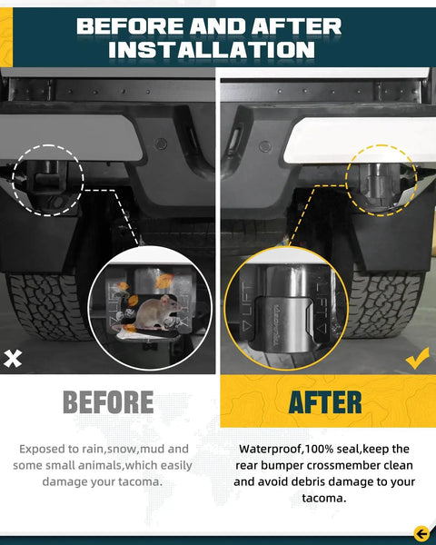 Comparison of Toyota Tacoma rear bumper crossmember before and after installation of all black end caps 2024 2025 2026
