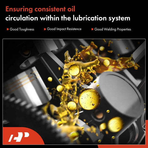 Close-up of an engine lubrication system with oil droplets and graphics highlighting toughness and impact resistance.