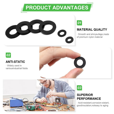650 Piece Nylon Flat Washer Set Black Plastic Washers Assortment For Screws And Bolts 7 Sizes M3 To M12 DIY Friendly