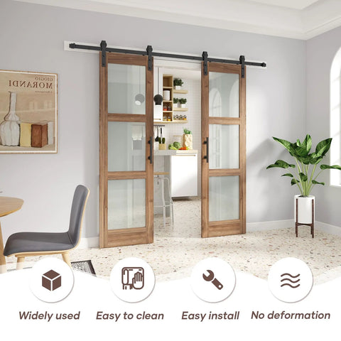 Double 24x84 Inch Glass Barn Doors With 48 Inch Opening, 8 Ft Hardware Kit And Handle Included, 3 Panel Frosted Glass, LVL Wood Panel