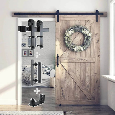 6.8 Foot Sliding Barn Door Hardware Kit With 6.8 Foot Track Kit, Pull Handle Set And Floor Guide For 36 To 40 Inch Doors J Shape Smooth Quiet Operation Easy To Install Black Powder Coated Durable Alloy installed on wooden door