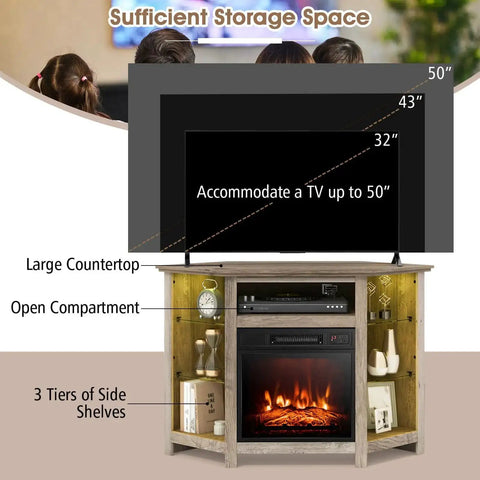 Corner Electric Fireplace TV Stand With Heater And LED Lights, Easy App Control, Adjustable Shelves, Cozy Media Console For 50 Inch Televisions, Gray Finish, Space Saving Entertainment Center shown with storage options.