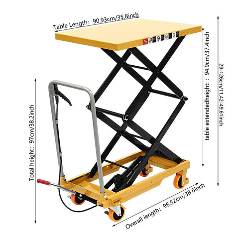 HIFMGHE hydraulic lift table cart with yellow top, black scissor frame, four locking wheels.