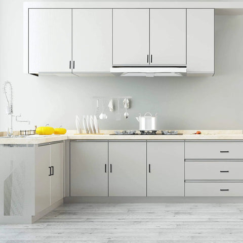 Modern kitchen with Matte Black Cabinet Handles Square Drawer Pulls 3 Inch Hole Centers Stainless Steel 10 Pack 76mm