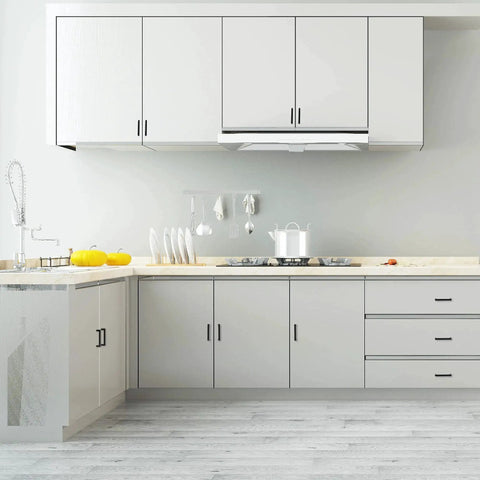 Modern kitchen with matte black cabinet pulls five pack square drawer handles 9 1/4 inch total length 236 mm stainless steel hardware.