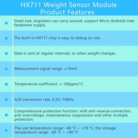 HX711 Digital Load Cell Module With Display product features list highlighting precision, ease of use, and engineering compatibility.
