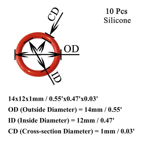 Red Silicone O Rings 14mm OD 12mm ID 1mm Cross Section VMQ Food Safe Gasket For Cup Lids Coffee Makers Pumps Plumbing Filters And More