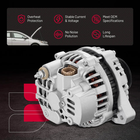 Side view of Drop In Direct Fit Alternator For Honda Civic 2001 2005 1.7L L4 And Acura EL 2001 2005 1.7L L4 OEM Replacement