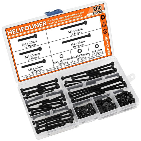 M4 Hex Socket Head Cap Screws Kit With Nuts, Washers And Black Oxide Finish, 200 Pcs, Sizes 30mm-50mm, Alloy Steel.