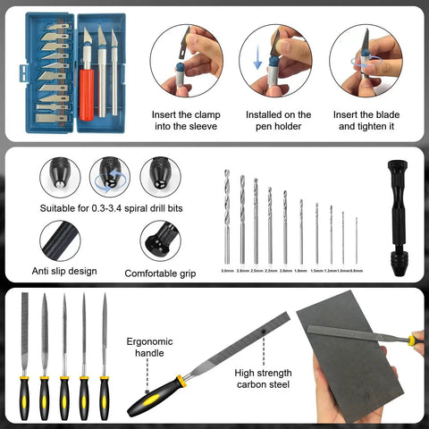 Image of the 212 Piece 3D Printer Tool Kit with deburring tools, small file kit, and hand drill kit, highlighting ergonomic handles and anti-slip design.
