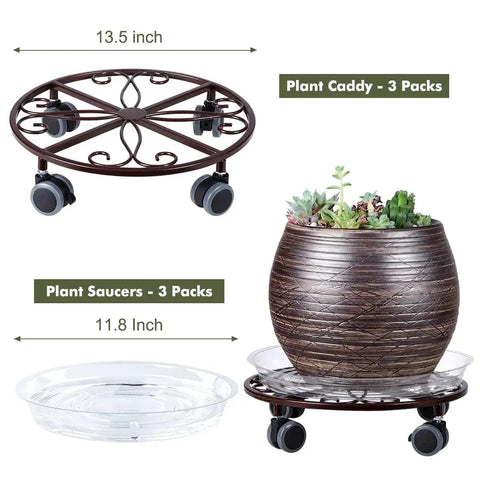 Three Pack Heavy Duty Metal Plant Caddies With Wheels 13.5 Inch Rolling Plant Stand Dollies in bronze finish with plant saucers.