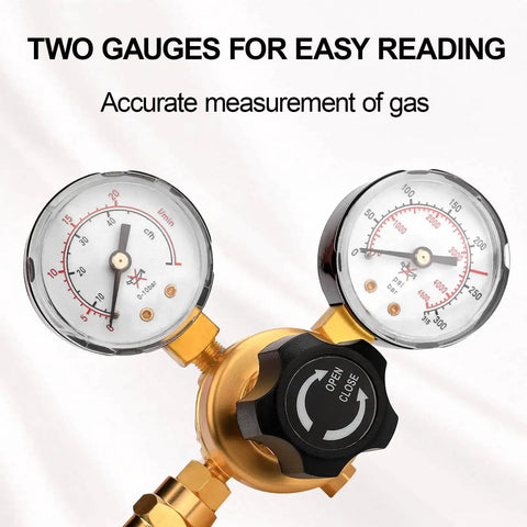 Close-up of Argon CO2 Welding Gas Regulator With CGA580 Inlet Brass Body showing dual easy-read gauges and valve knob.