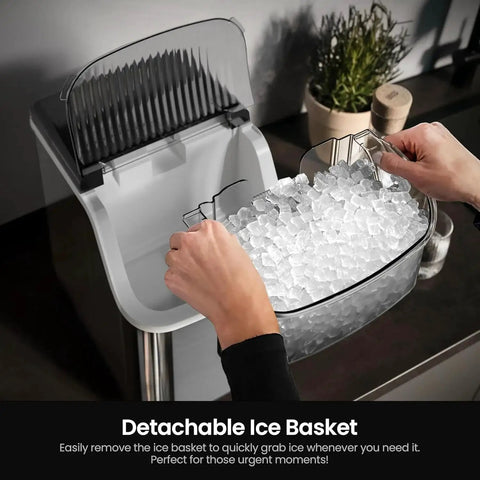Nugget Ice Maker Countertop Portable 35 Lbs Per Day Self Cleaning One Click with detachable ice basket being removed