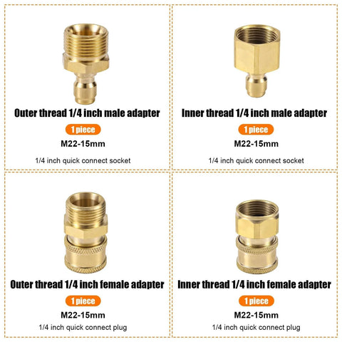 4 Pack M22 To 15mm To One Quarter Inch Pressure Washer Adapters Quick Disconnect Hose Fittings Kit For Power Washers