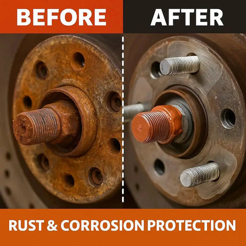 Copper Anti Seize Brake Caliper Grease And Thread Lubricant High Temp Copper Compound Prevents Seizure And Noise On Spark Plug Threads Brake Pins Bolts And Shims For Easy Disassembly And Long Lasting Automotive Maintenance 1oz Tube showing before and after rust protection on bolts