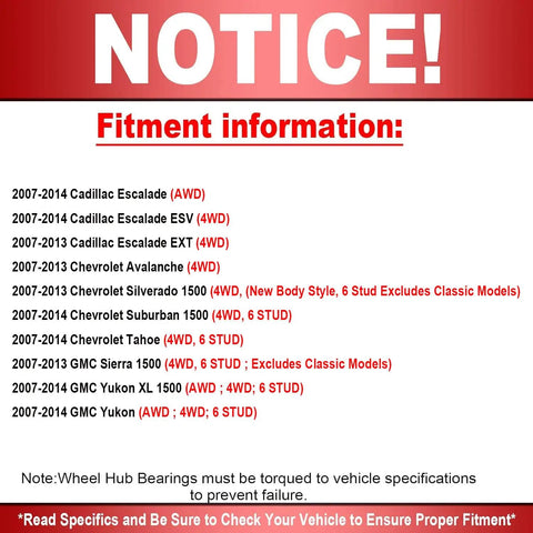 Fitment notice for front wheel bearing and hub assembly, 2007-2014 Cadillac, Chevrolet, GMC models 4WD, 6-lug, AWD