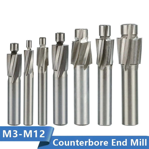 Front view of HSS Counterbore End Mill Set M3 to M12 Pilot Slotting Tool Countersink End Mills for CNC Router Bits 7 Piece