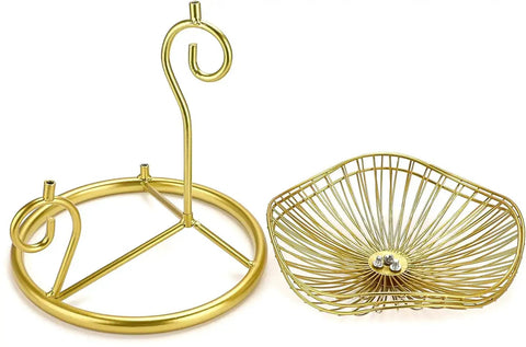 Gold frame and basket from 3 Tier Fruit Basket Stand With Ventilated Metal Wire Trays Modern Iron Fruit Holder For Kitchen Countertop.