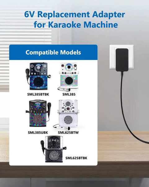 6V Karaoke Machine Charger Replacement For Singing Machine SML-625 SML625W SML625BTW SML385 Models plugged into wall