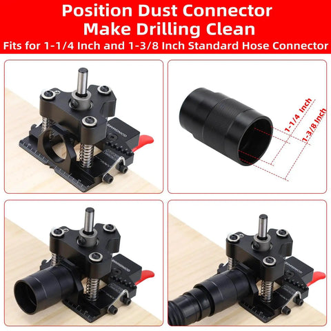 Position dust connector for 1-1/4 inch and 1-3/8 inch standard hose, shown on woodworking jig setup in four different views.