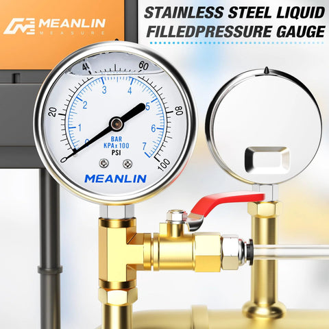 Meanlin stainless steel liquid-filled pressure gauge, 2.5 in dial, 0–100 psi, 1/4 in NPT on brass valve assembly
