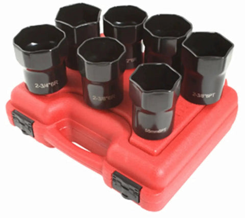 1/2 Inch Drive Wheel Bearing Lock Nut Set 7 Piece In CR-MO Alloy Steel With Heavy Duty Blow Molded Case Shown on Red Case