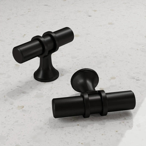 2 Pack Matte Black Cabinet Pulls T Bar Knobs For Kitchen Cupboards And Bathroom Cabinets on white surface