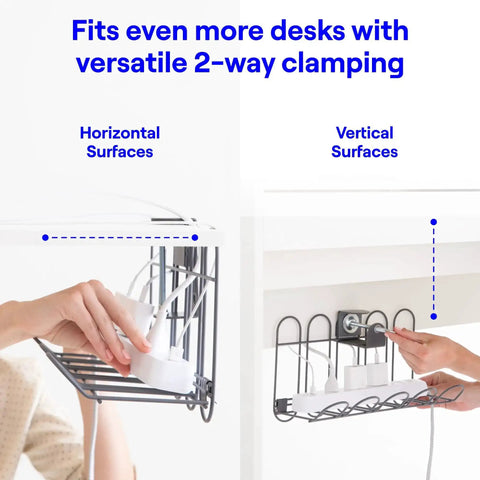 Under Desk Cable Organizer Tray With No Drill Clamp Tool Free Cord Management System installed on horizontal and vertical surfaces.