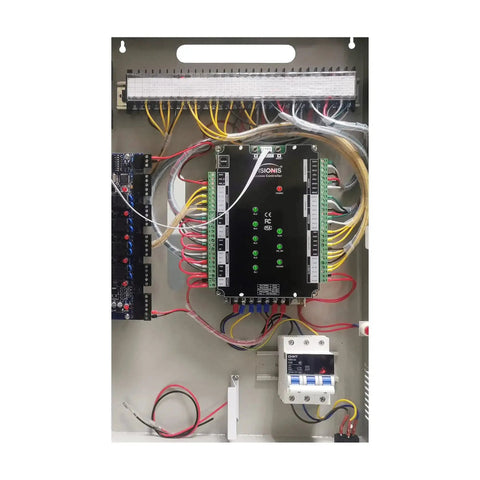 Interior view of Four Door Pro Grade Access Control Panel With TCP IP Wiegand, showcasing controller board and wiring inside metal enclosure.