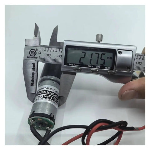 Planetary Gearbox Gear Drive Kit For Electronic Starter with 25mm Shaft and DC Motor, shown with caliper measuring 21.75mm