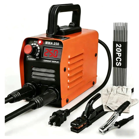 Portable 110V MMA Stick Welder With IGBT Inverter, Hot Start, Arc Force, Anti-Stick, Lightweight 250A Welding Machine For Home Projects, Includes 20 Electrodes shown with cables and gloves