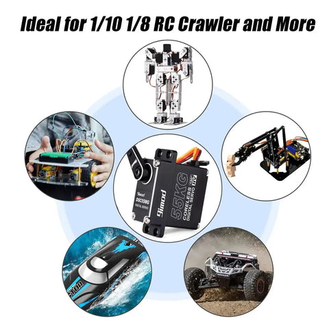 Beefy 55Kg High Torque Servo With Coreless Motor displayed with RC crawlers, robots, and components demonstrating versatility