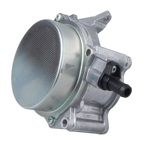 Brake vacuum pump 06H145100AD, silver metal housing with black plastic inlet nozzle and mounting lugs