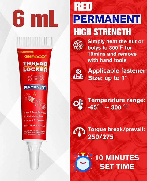 6ml tube of red thread locker with high-strength permanent bond for automotive machinery DIY projects, product details visible