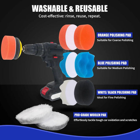 Drill with 3 Inch Sanding Disc Kit For Drill Polishing Wet Dry Headlight Restoration, includes orange, blue, white pads