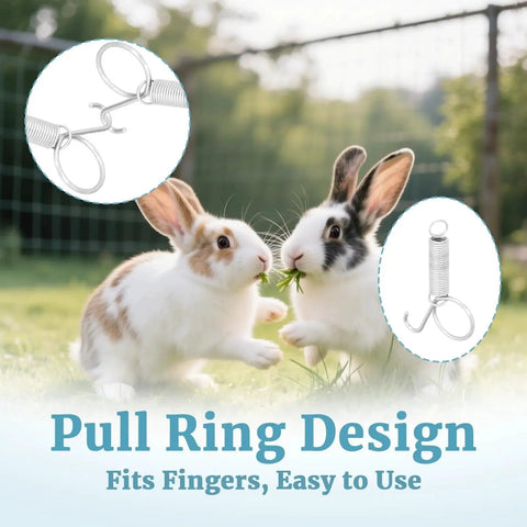 40 Pack Metal Finger Spring Latch Hooks For Rabbit Cages Dog Crates Cat Doors shown with rabbits and pull ring design