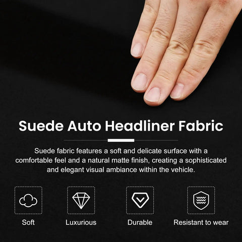Black Suede Headliner Fabric With Foam Backing 122x60 For Car Truck SUV RV close-up, hand touching soft fabric surface.