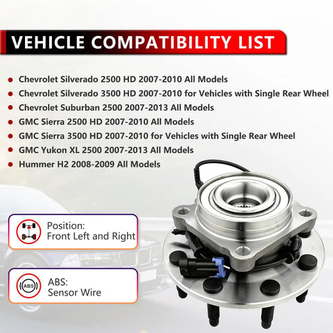 Two Pack Front Wheel Bearing And Hub Assembly For Chevy Silverado 2500 3500 HD Suburban 2500 GMC Sierra 2500 3500 HD Yukon XL 2500 Hummer H2 8 Lug With ABS Beefed Up Heavy Duty Truck Parts on compatibility list background