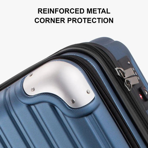 Grace Expandable 20 Inch Carry On Hard Shell Luggage with metal corner protection detail, blue TSA lock, front laptop compartment.