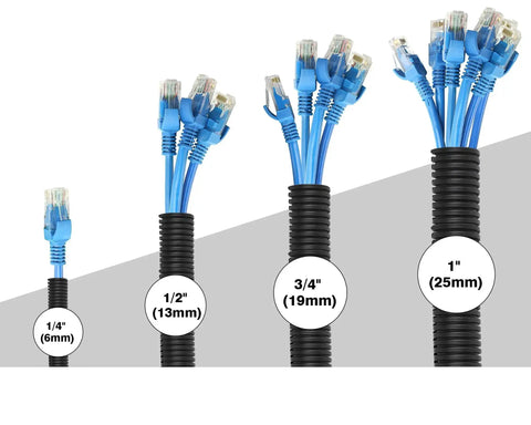 Various sizes of black split wire loom tubing each with blue Ethernet cables, showcasing flame retardant half inch split wire loom tubing 25 feet.