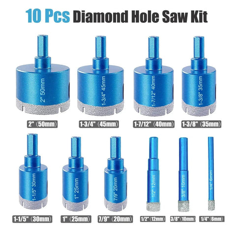 Pro Grade 10 Piece Diamond Hole Saw Set for ceramic, tile, glass, granite, marble, and plaster, sizes from 6mm to 50mm