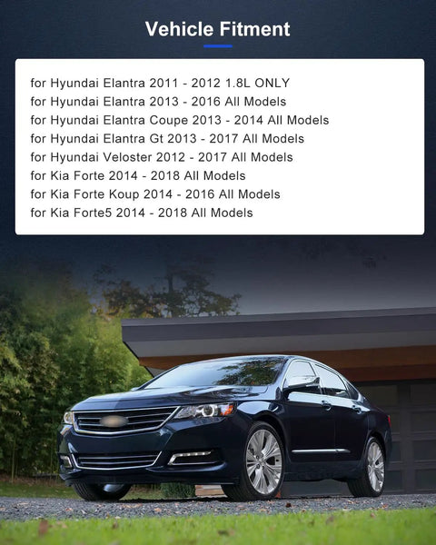 Car parked in front of a garage illustrating vehicle fitment for Hyundai and Kia models from 2011-2018.